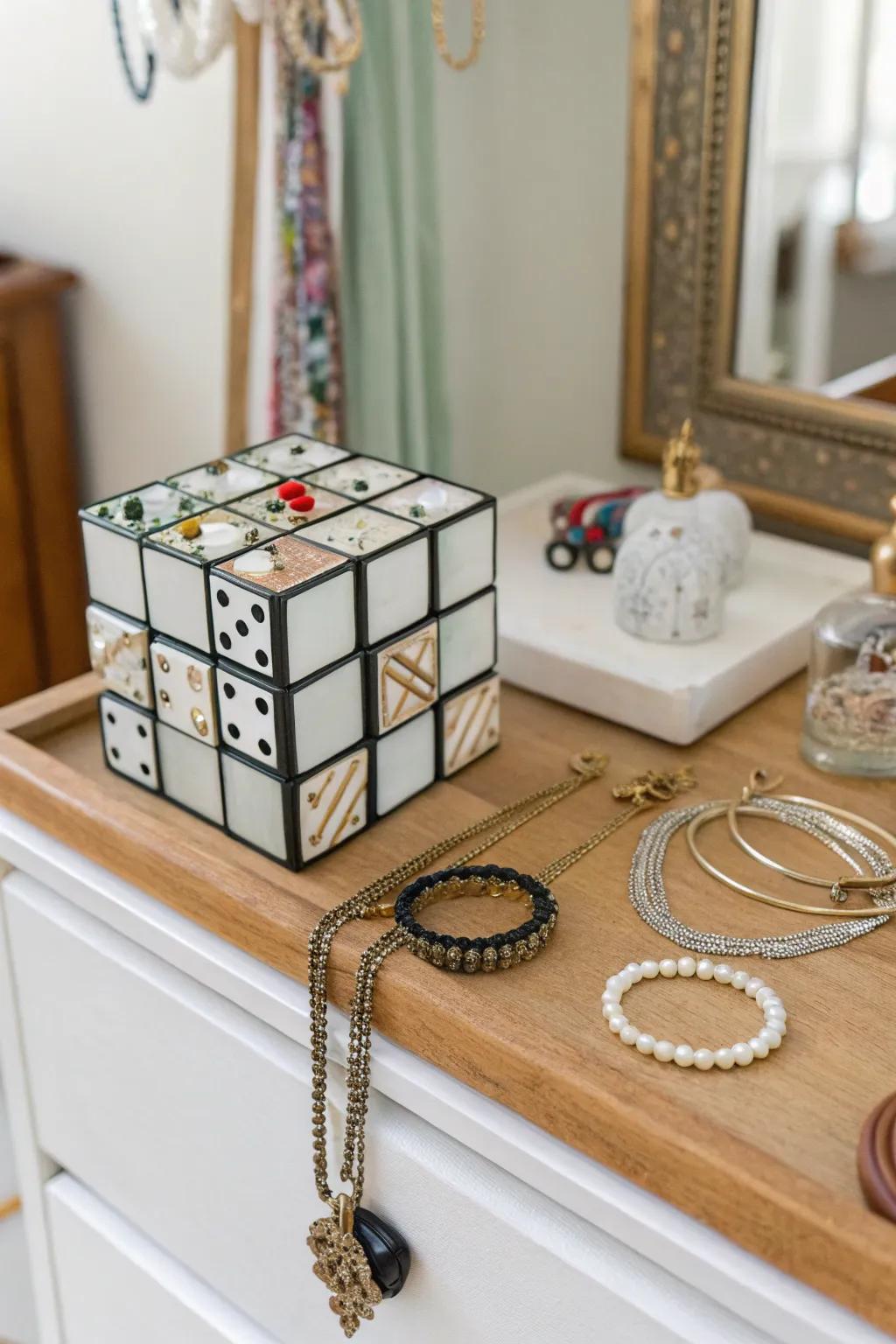 A puzzle cube elegantly organizes jewelry and accessories on this dresser.