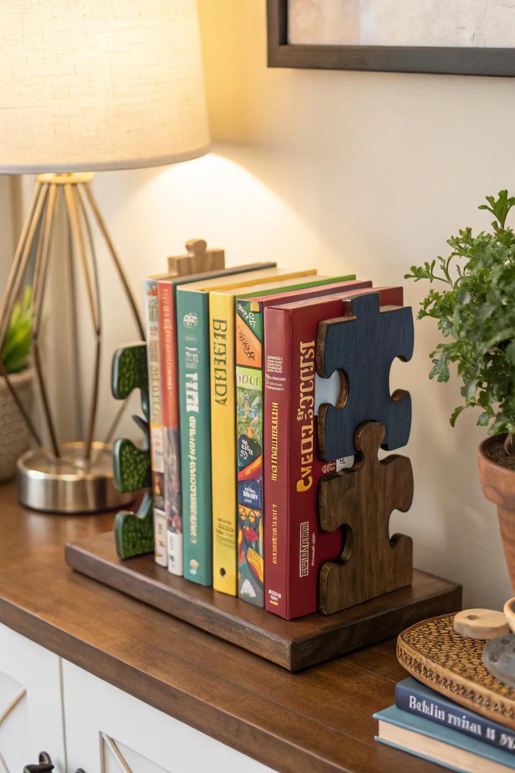 Puzzle piece bookends bring a quirky charm to any bookshelf.