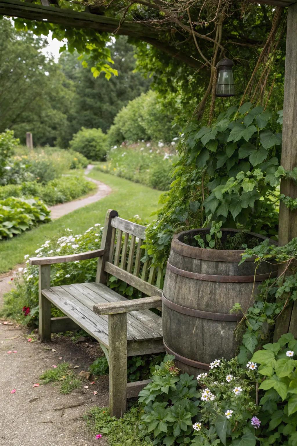 Multi-functional furniture cleverly conceals your rain barrel while enhancing your garden's utility.