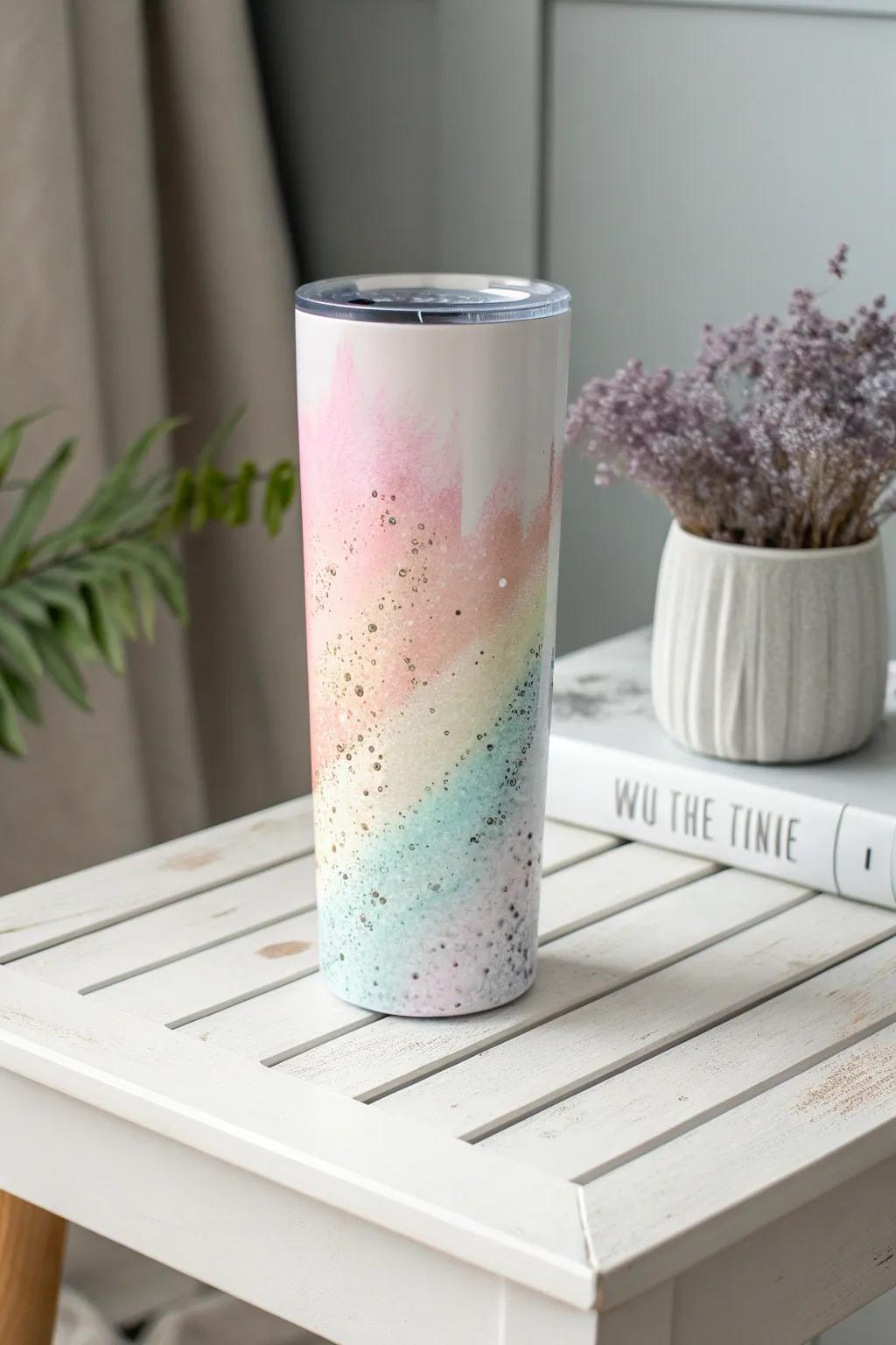 Embrace the art of simplicity with a touch of boho flair in this enchanting rainbow tumbler.
