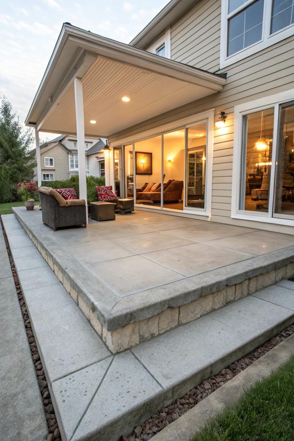 A seamless transition from indoors to outdoor living on a raised concrete patio.