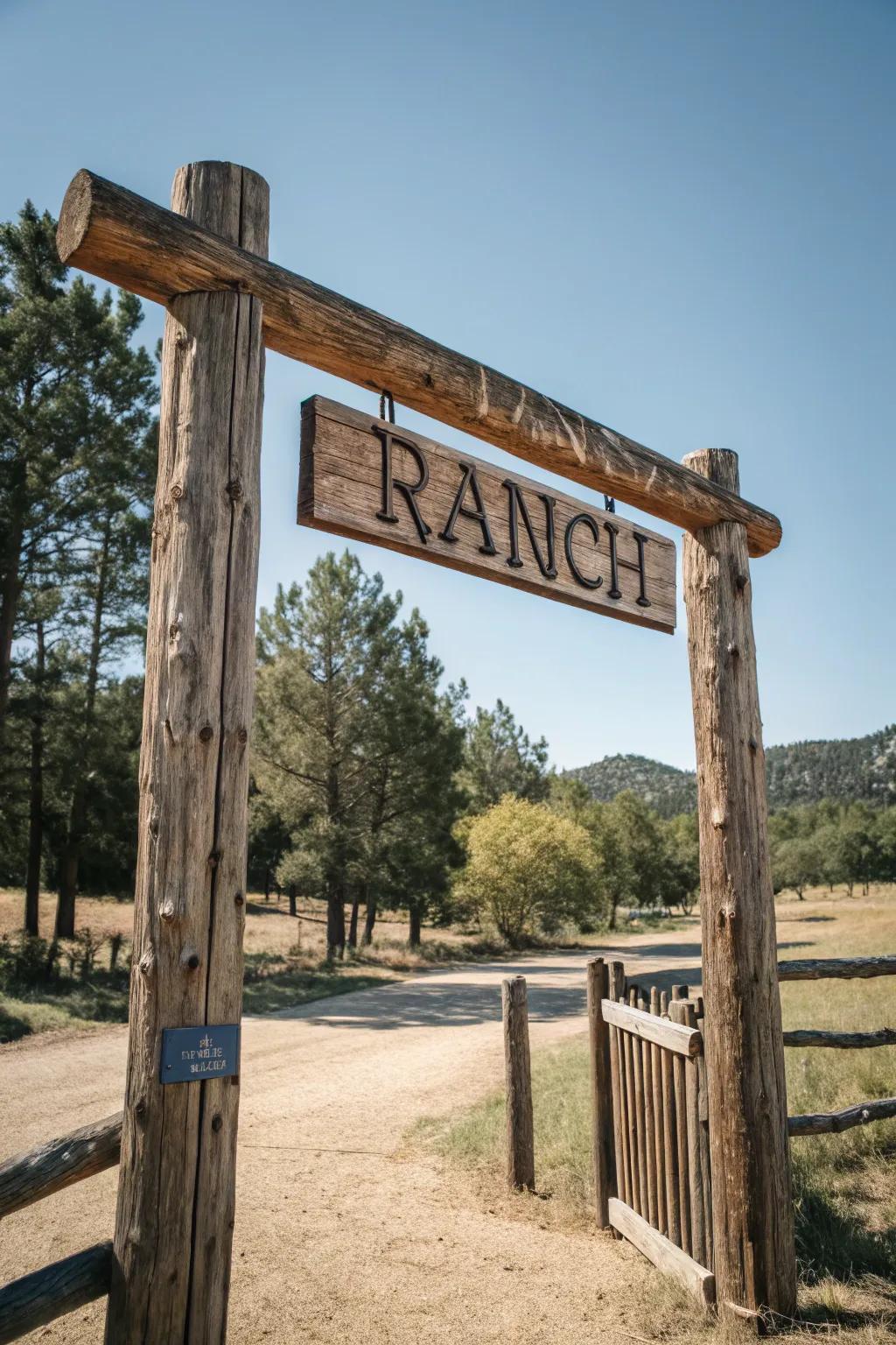 Rustic signage adds a personal touch to this ranch entrance.