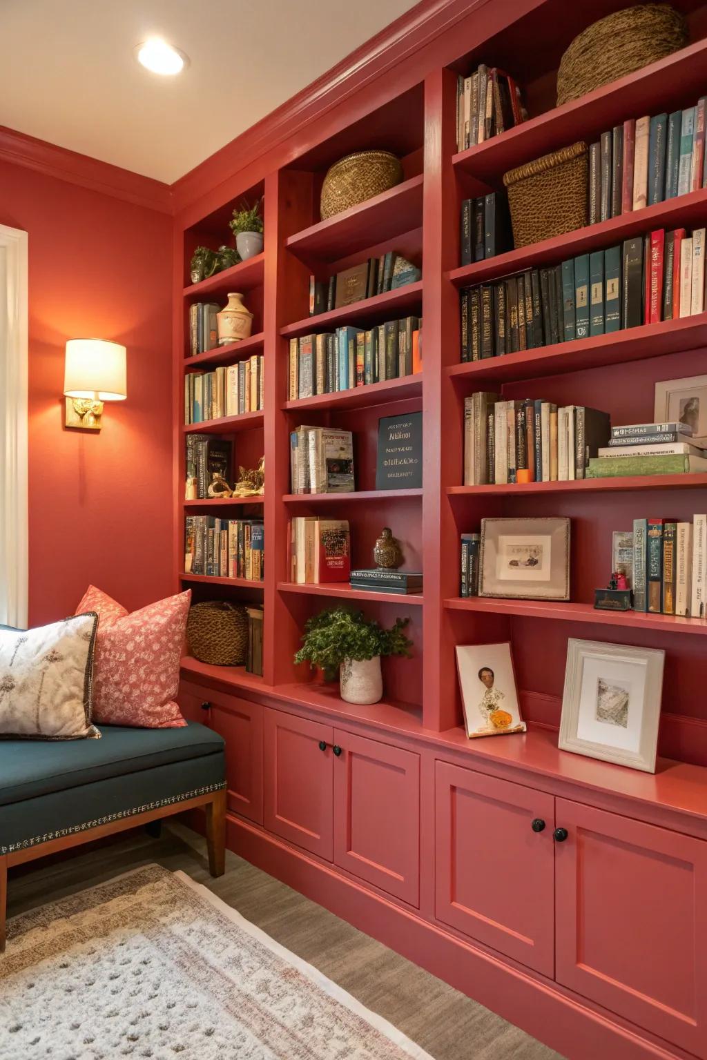 Boldly painted bookshelves create a unique reading room look.