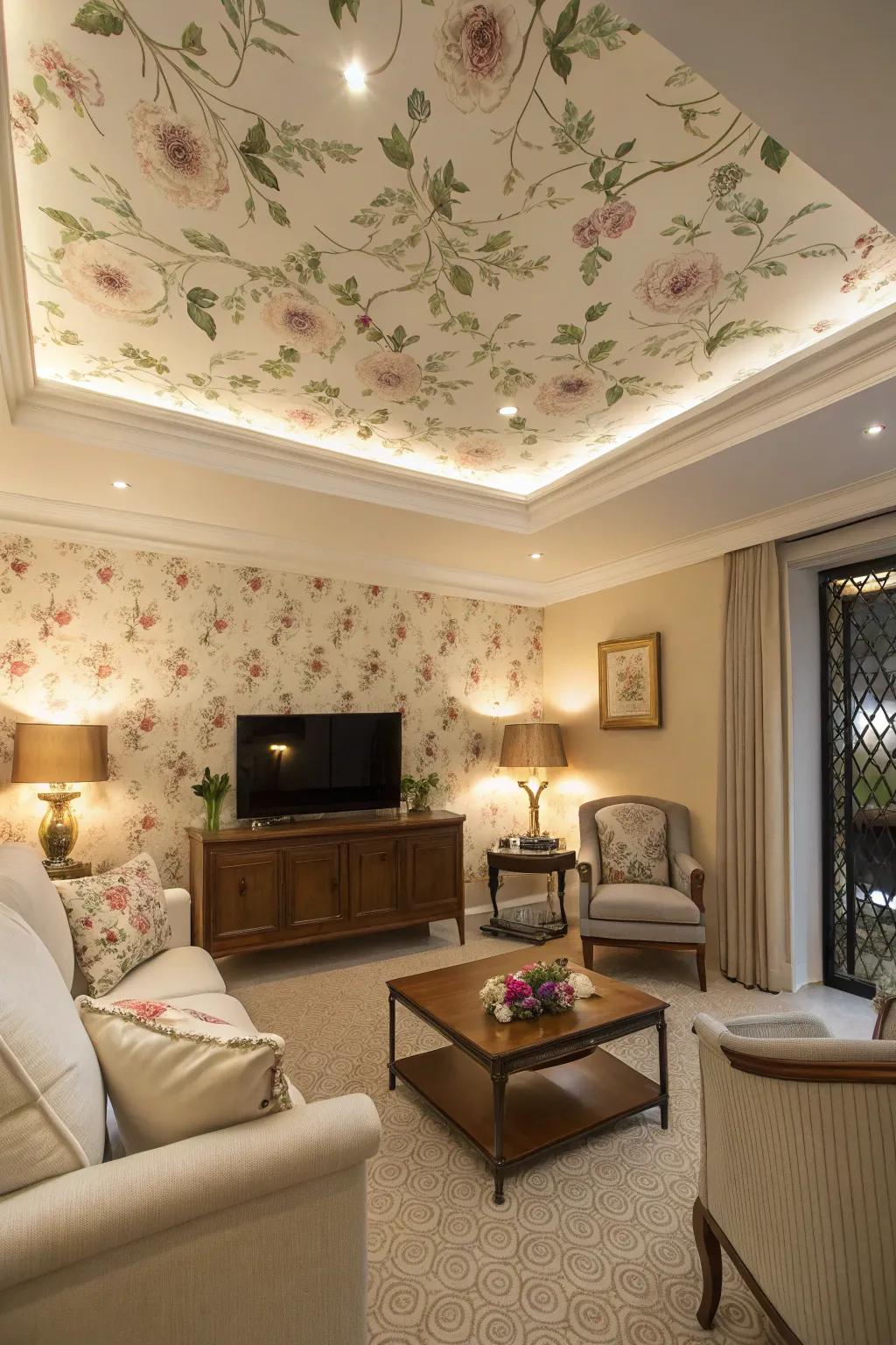 A living room with a floral wallpapered recessed ceiling.