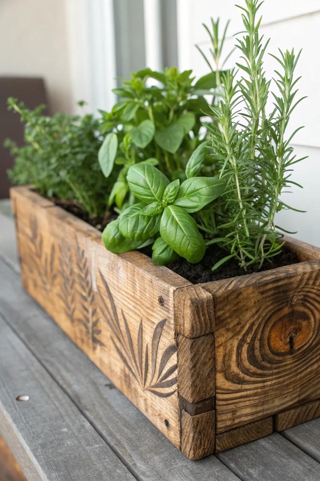 Elevate your space with these handcrafted pallet wood planter boxes, perfect for showcasing your herb garden.