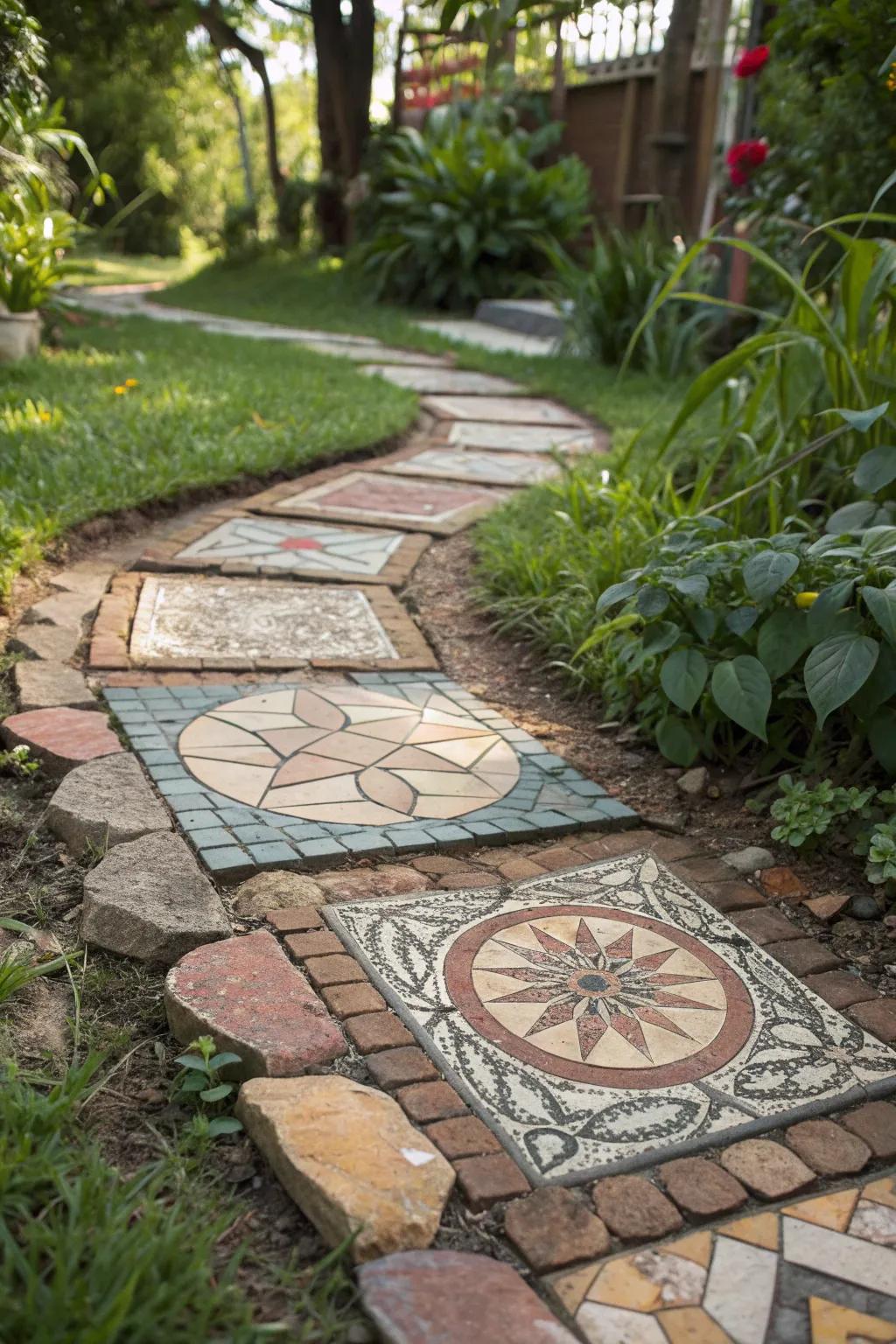 Elevate your garden with a stunning recycled tile walkway—where sustainability meets style.