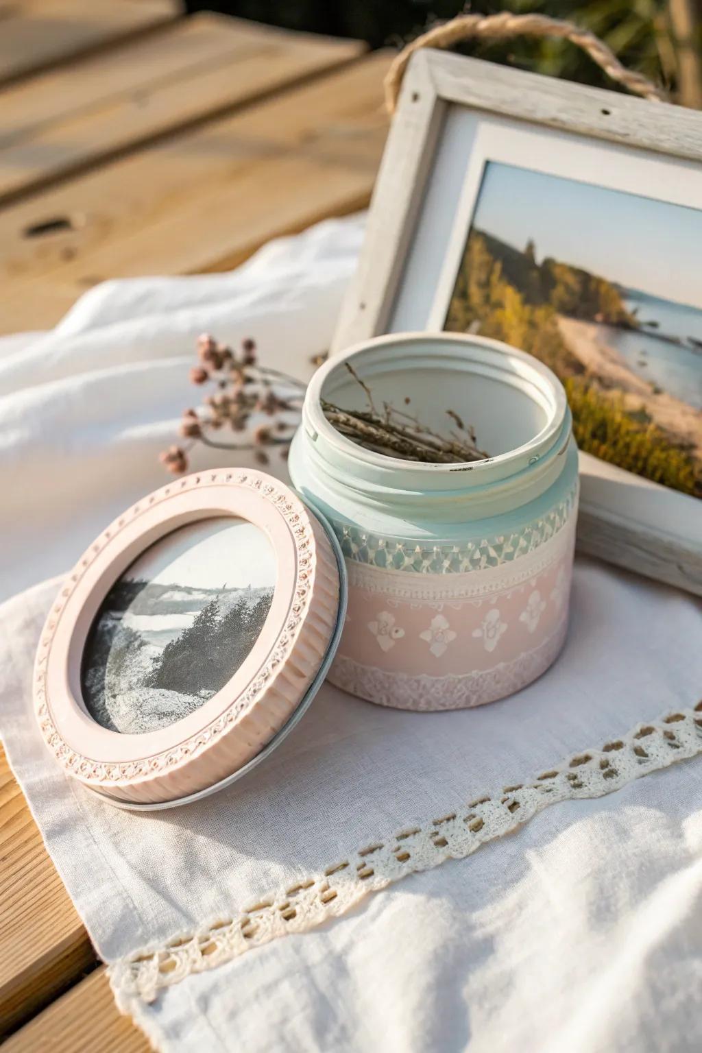 Transform jar lids into charming mini photo frames for a boho-chic touch on your fridge.