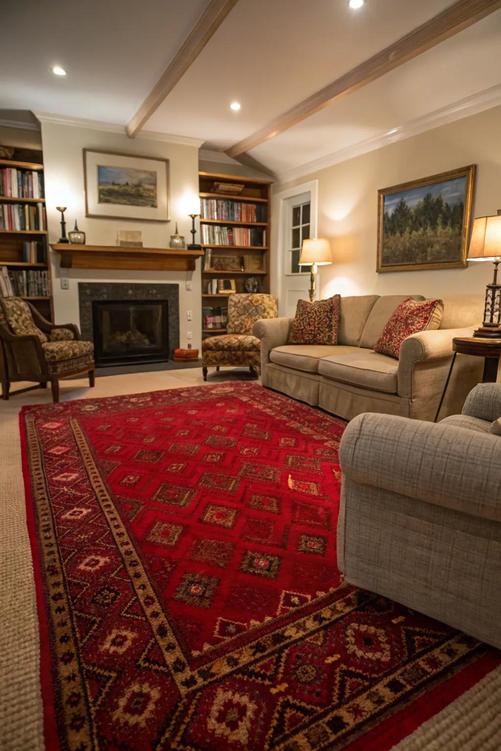 A red rug anchors and unifies this stylish living room.