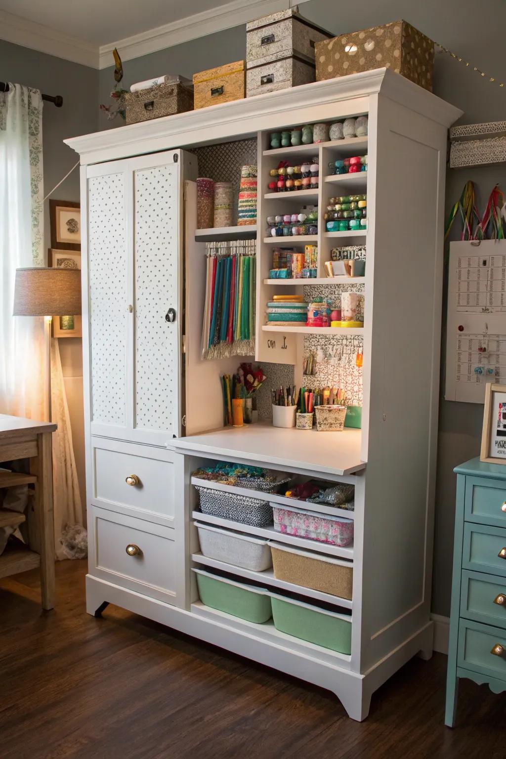 A craft cabinet armoire brings order to creativity with neat organization.