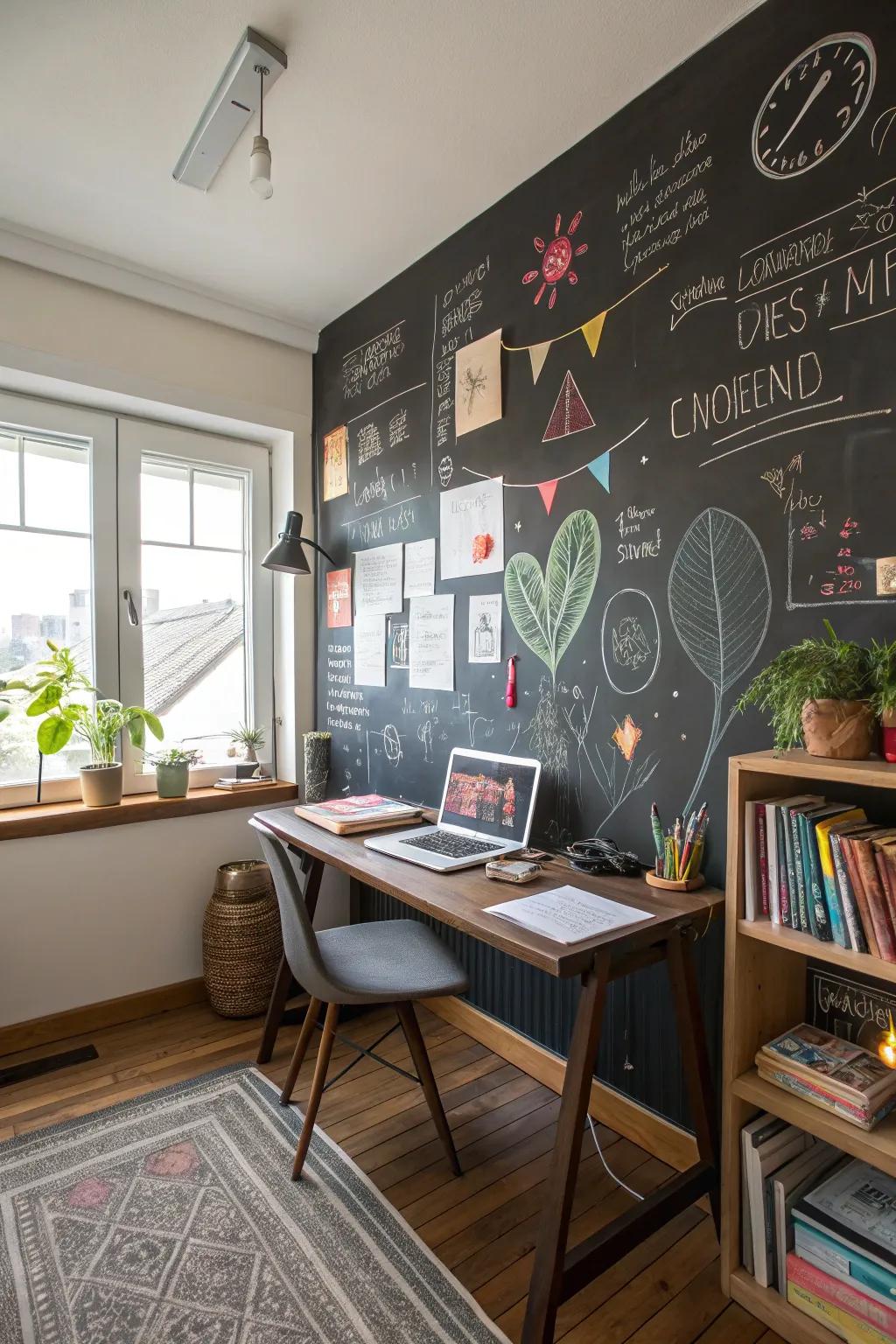 Chalkboard paint walls are ideal for creative expression and planning.