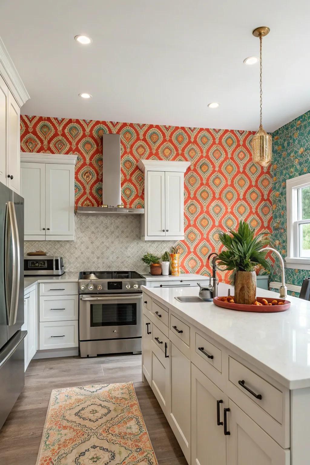 Removable wallpaper brings vibrant energy to a rental kitchen.