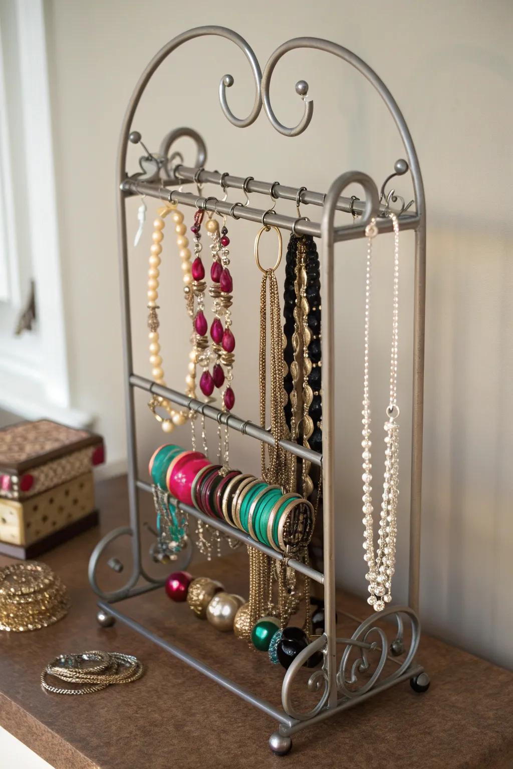 Craftsmanship at its finest: A metal CD rack reimagined as a stunning jewelry display.