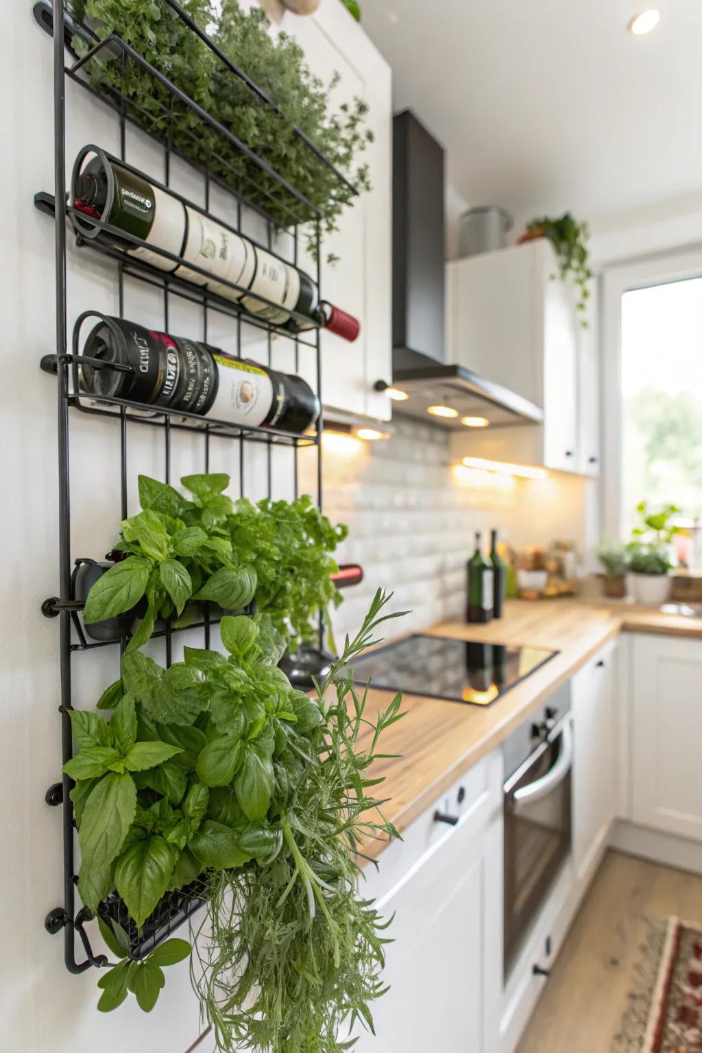 An indoor herb garden using a wine rack.