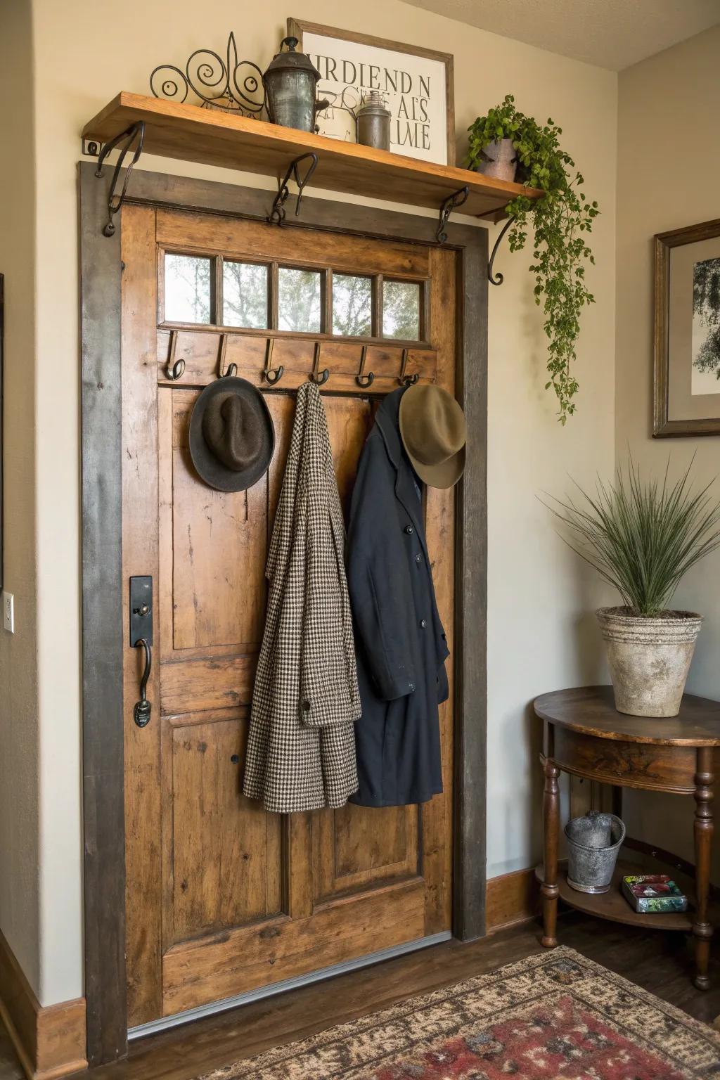 Elevate your entryway with the timeless charm of a repurposed French door coat rack.