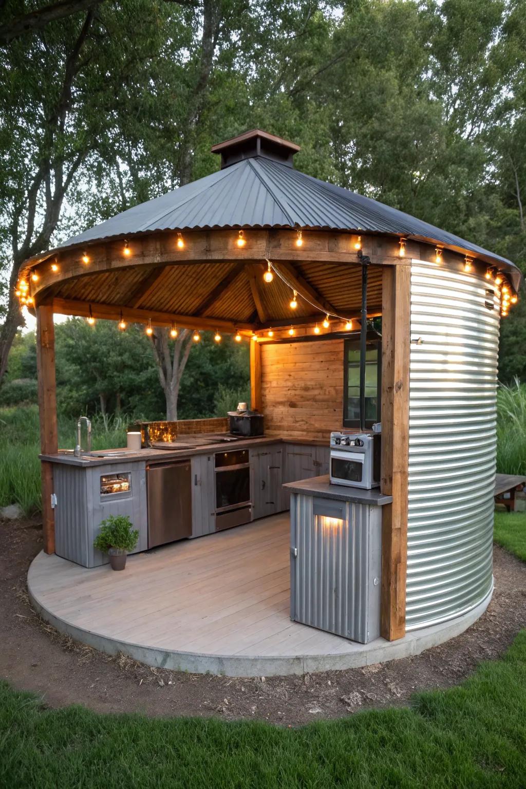 Elevate your outdoor gatherings with a stunning grain bin gazebo kitchen—where rustic charm meets modern convenience.