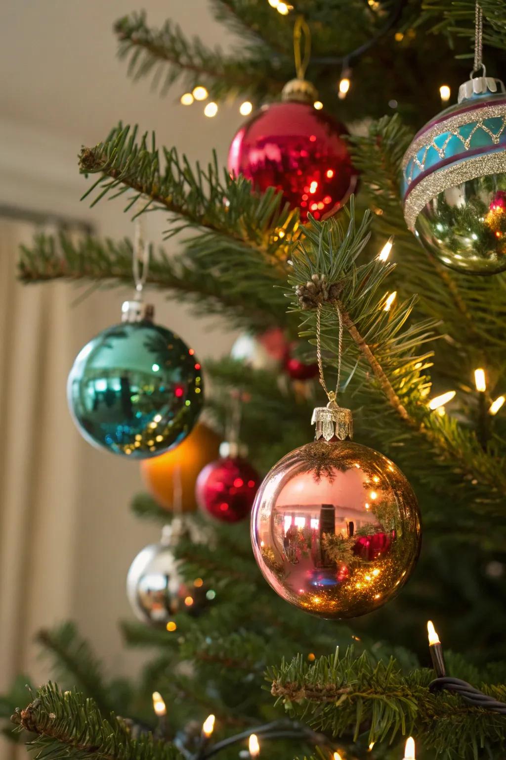 Shiny Brite ornaments bring vibrant colors to a retro tree.