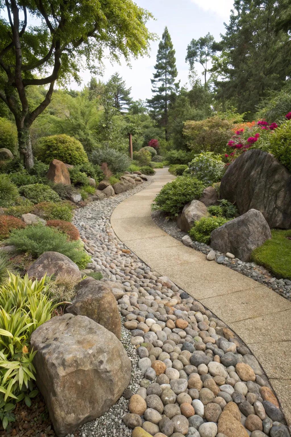 A pebble pathway adds texture and charm to the garden.