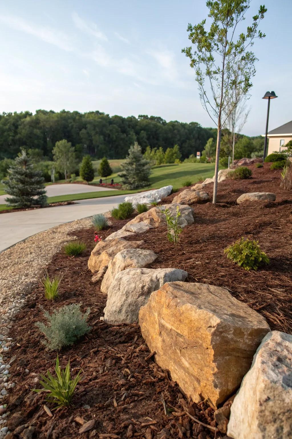 Mulch and rocks combine to create a visually appealing and low-maintenance garden.