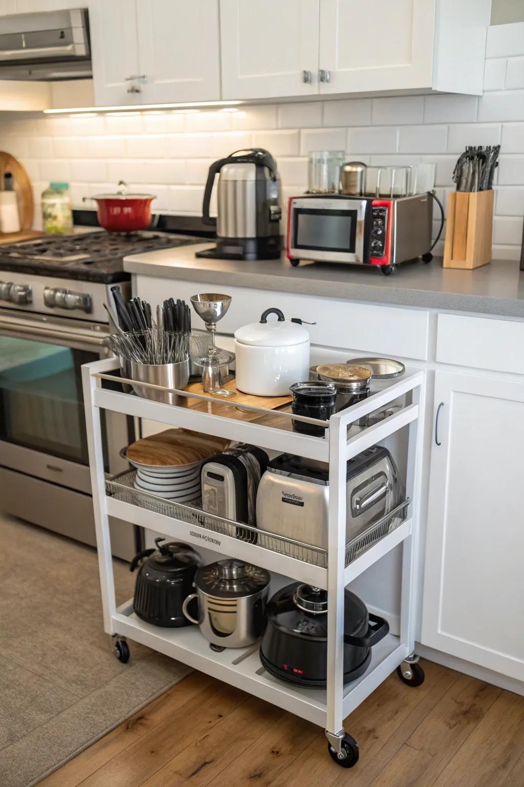 A rolling tool cart serving as an efficient kitchen helper.