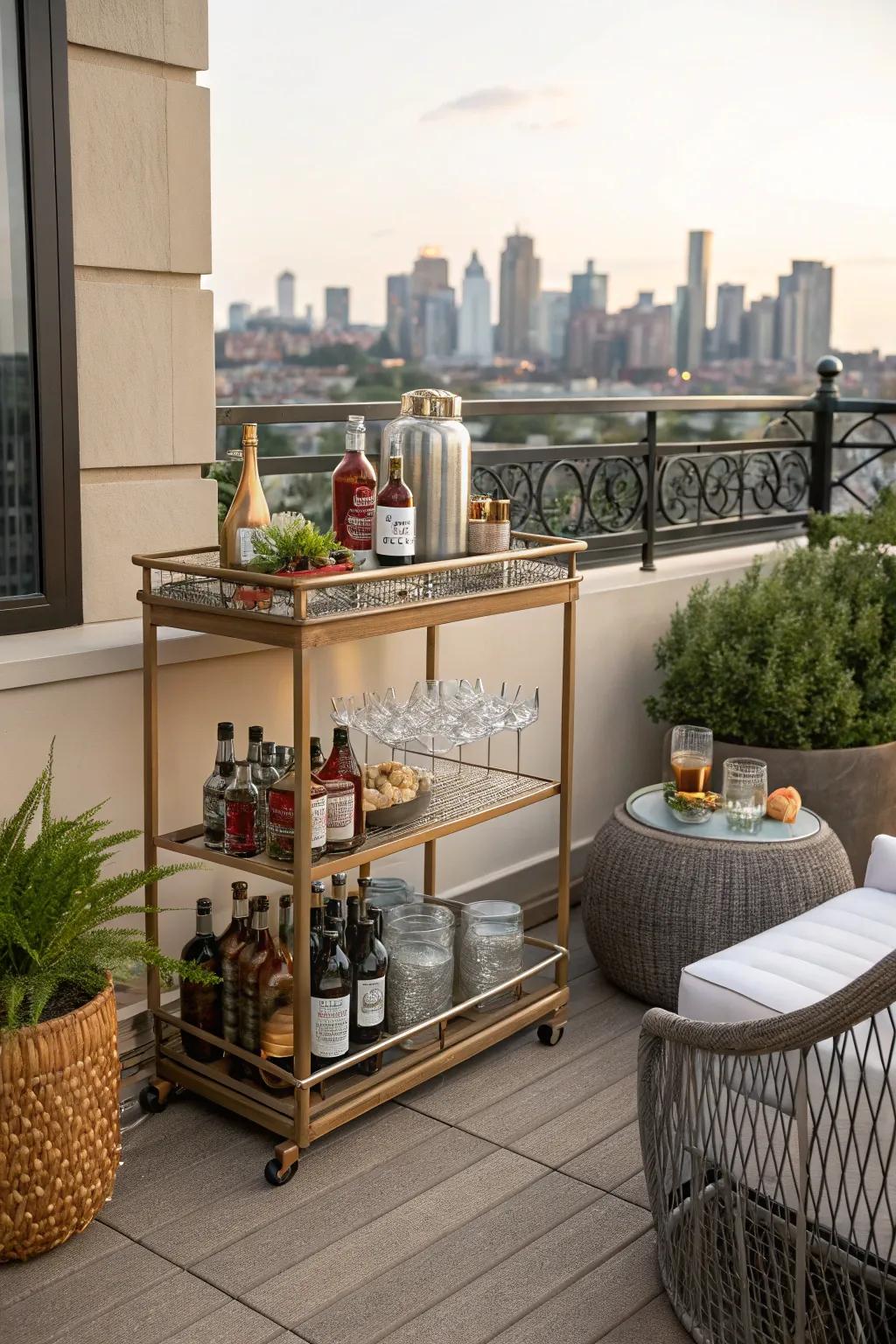 Enjoy evening drinks with a chic balcony bar cart.