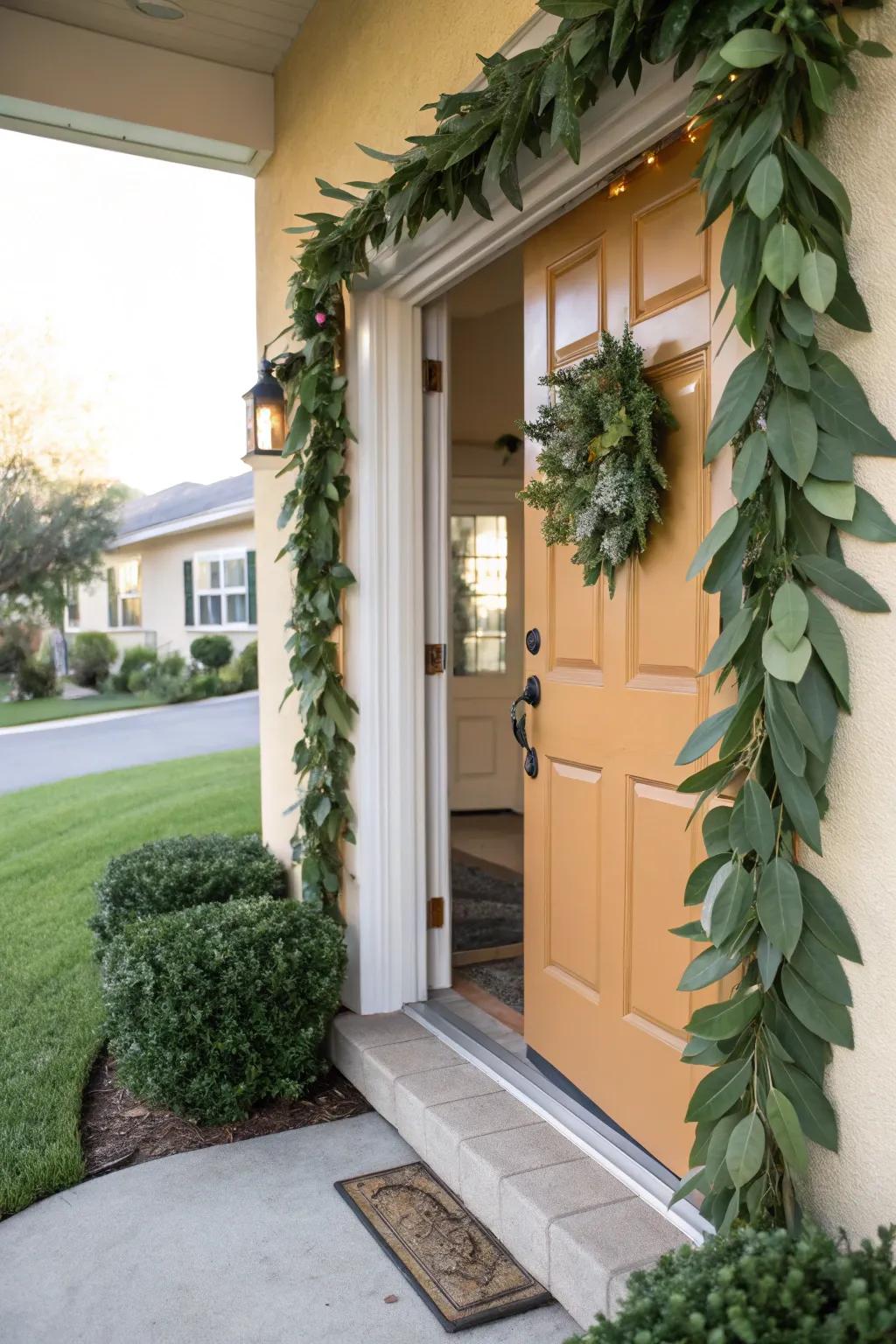 Entryway with an elegant faux laurel leaf garland.