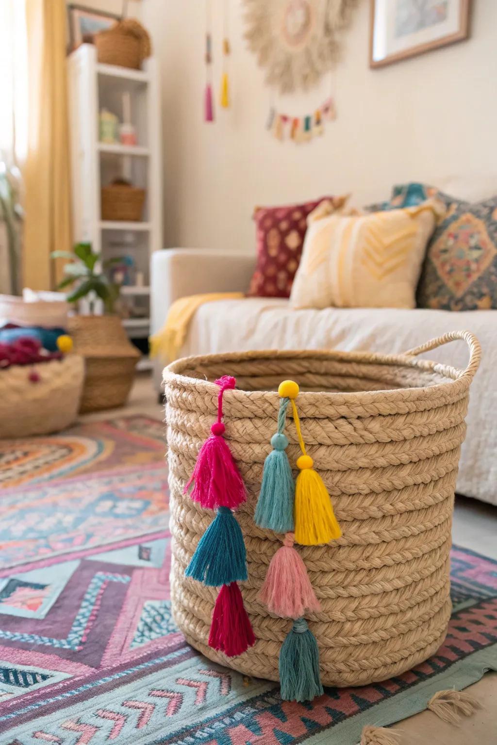 Tassels add a playful touch to this rope basket.