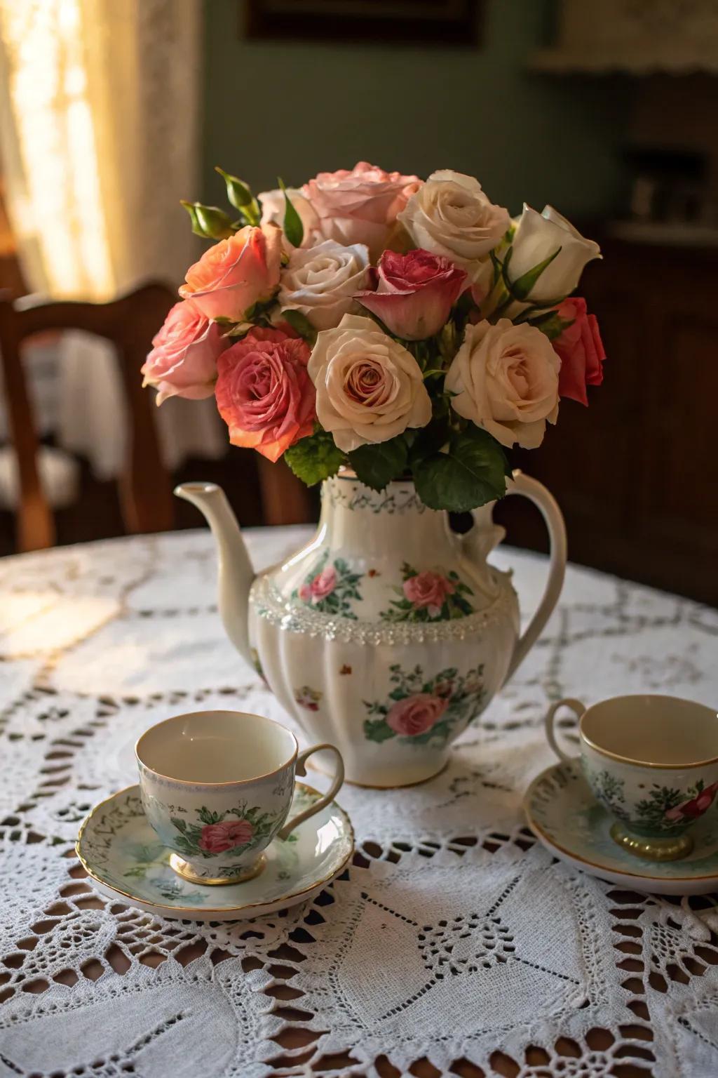 A vintage teapot makes a charming and whimsical vase.