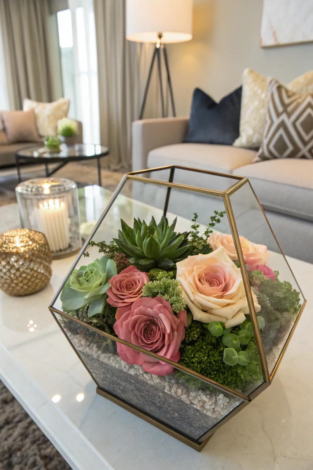 Roses and succulents in a terrarium offer a modern twist.