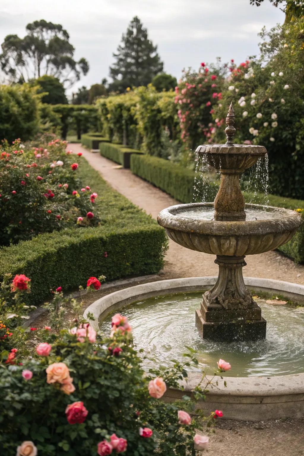 A tranquil water feature nestled among roses.