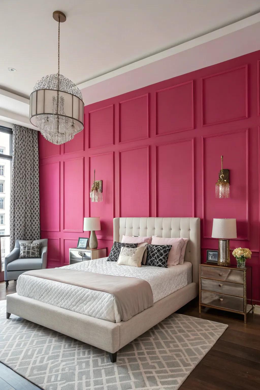 A pink accent wall creates a striking focal point.