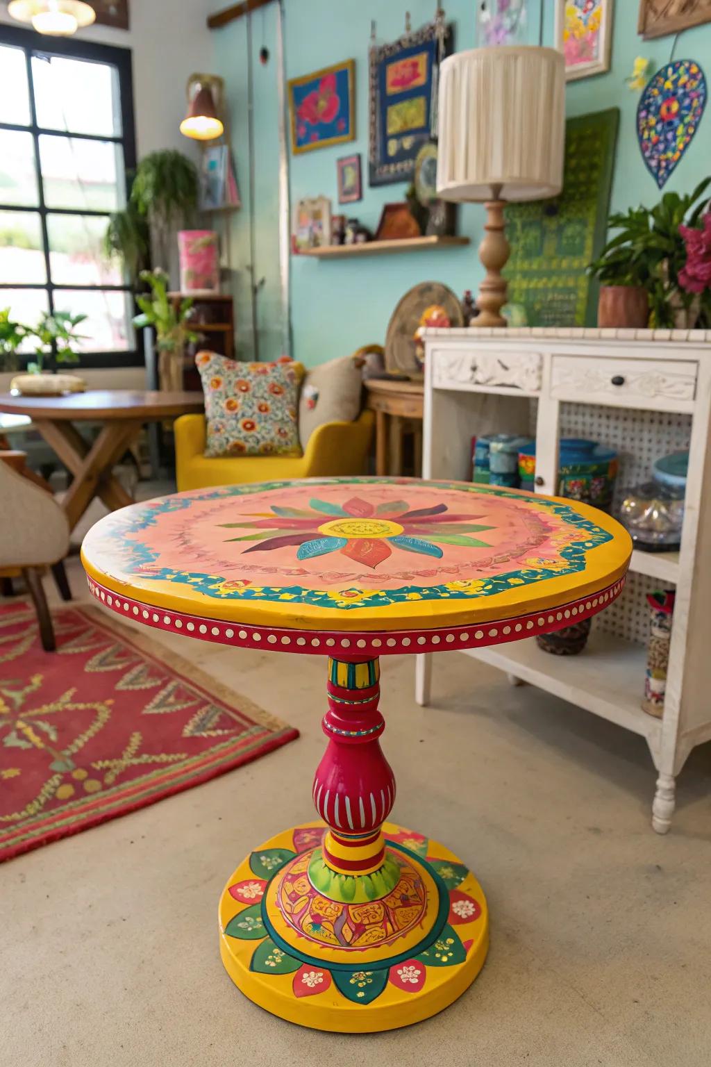 A painted round table top adds a pop of color and personality.