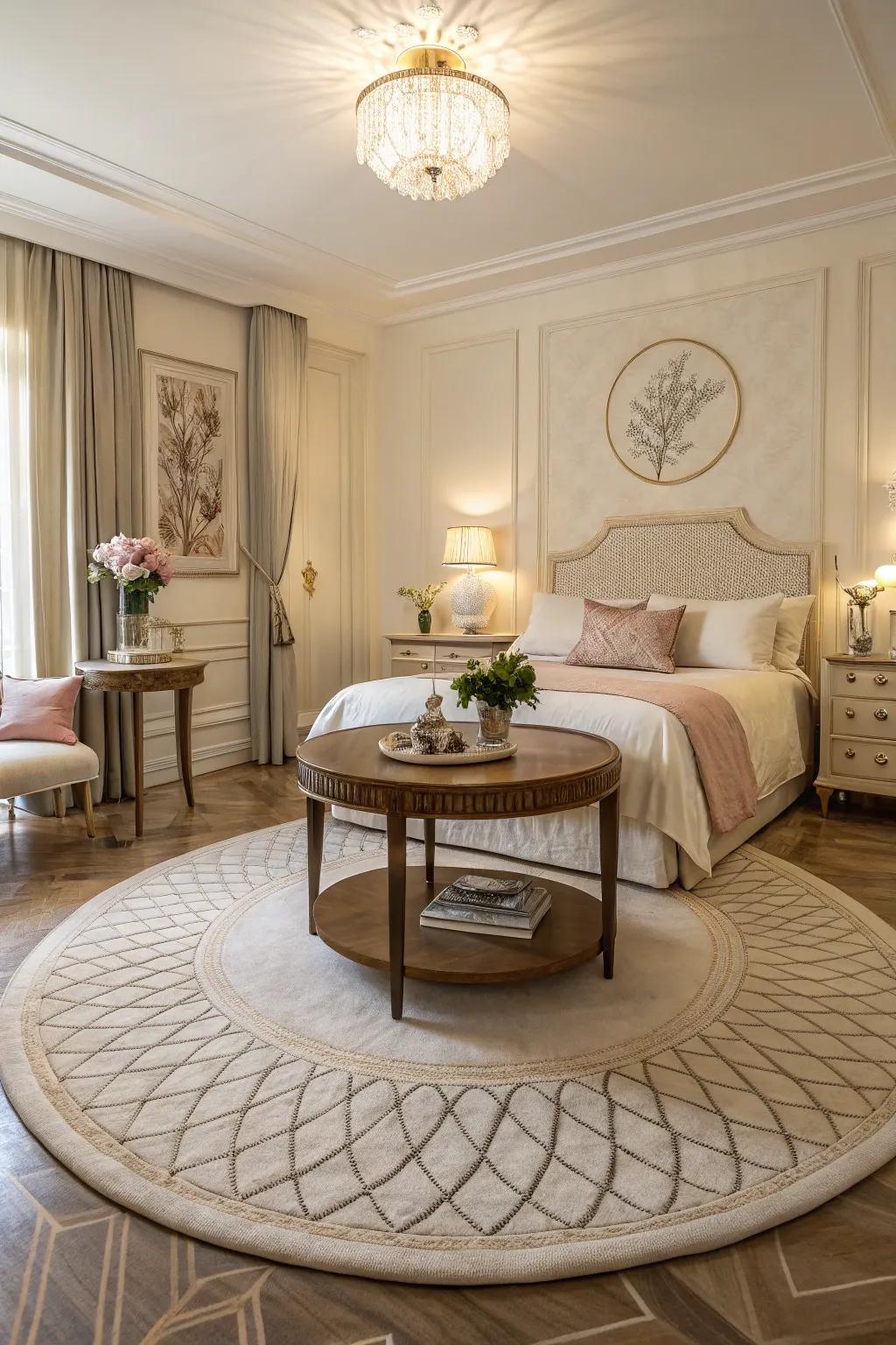 A round rug introduces a unique and harmonious element to a bedroom.