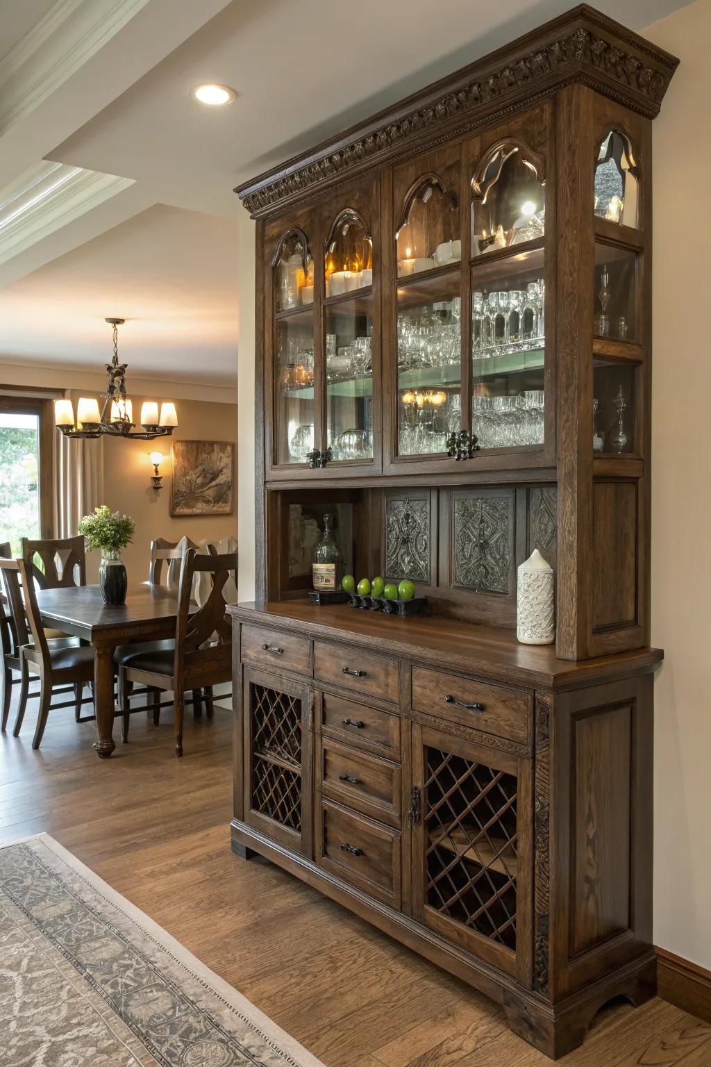 A bar hutch with glass racks, ideal for organized elegance.