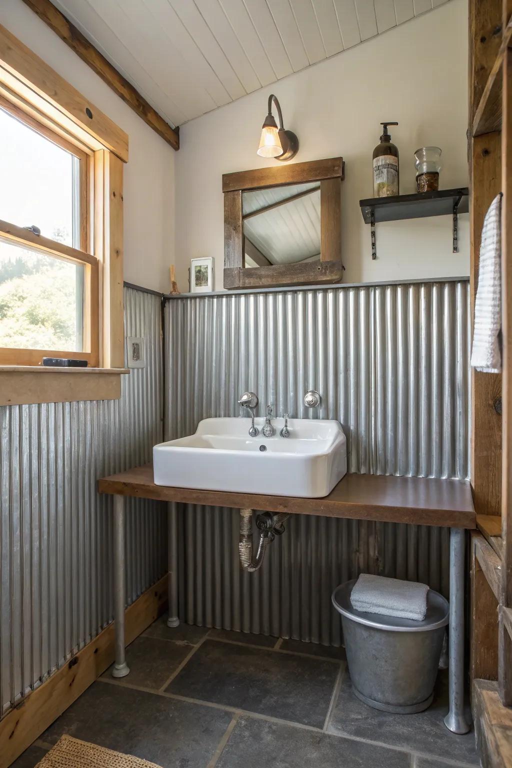 A vintage sink is complemented by a corrugated metal backsplash, adding rustic charm.