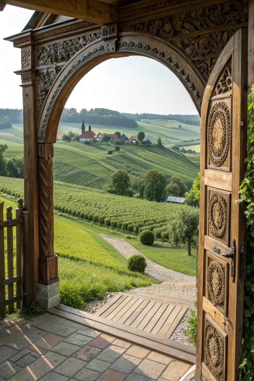 Arched wooden gates bring grandeur and elegance to farm entrances.