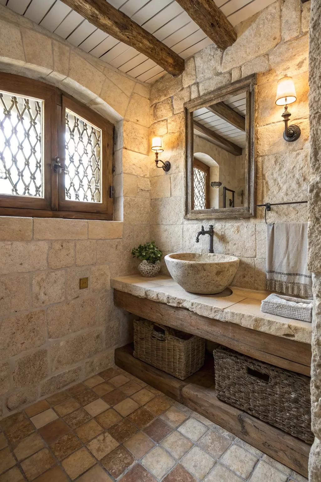 A stone sink adds a touch of rustic elegance and serves as a focal point.