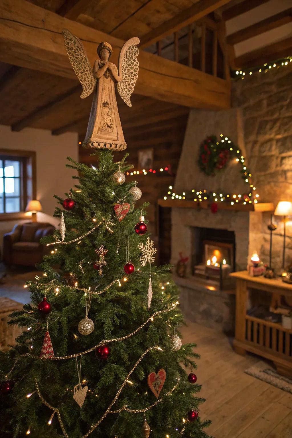 A wooden angel brings a classic and rustic touch to the Christmas tree.