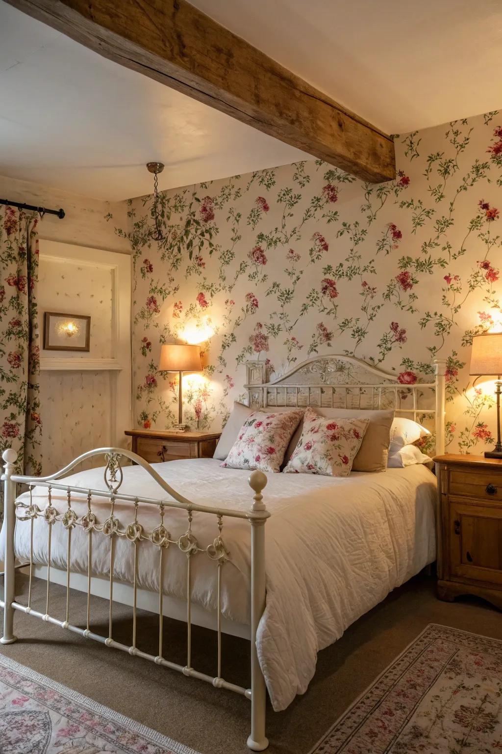 Rustic floral wallpaper adds a romantic touch to the bedroom.