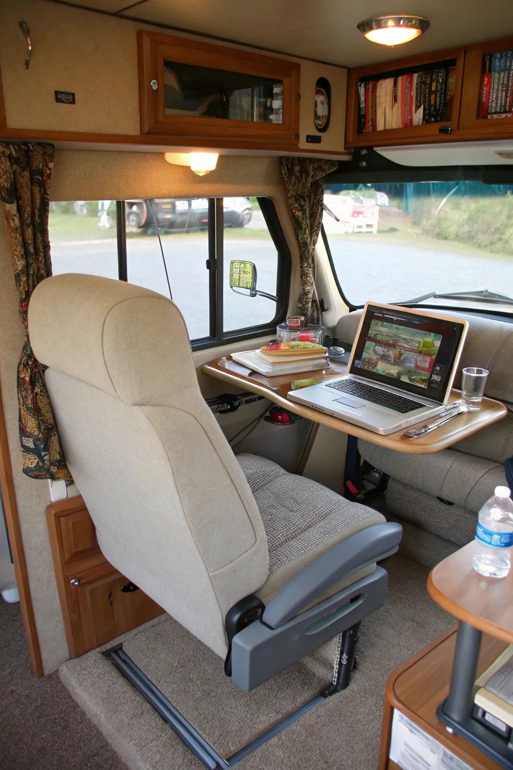 Turn the front seat into a cozy office nook.