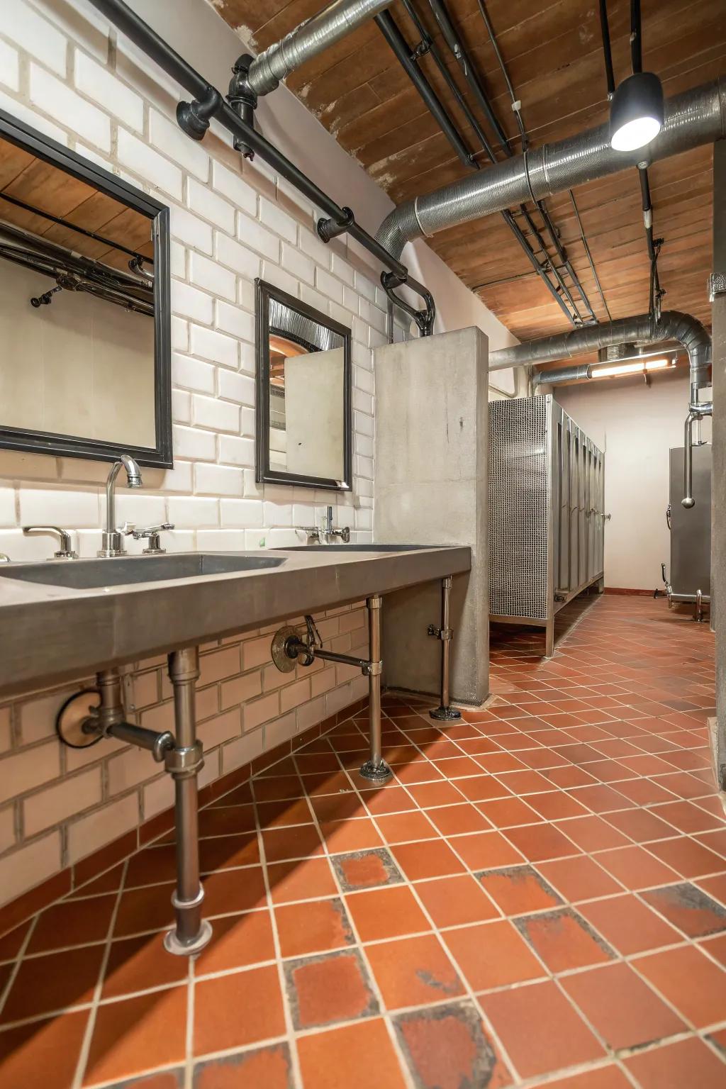 An industrial-style bathroom featuring Saltillo tile flooring and sleek metal fixtures.