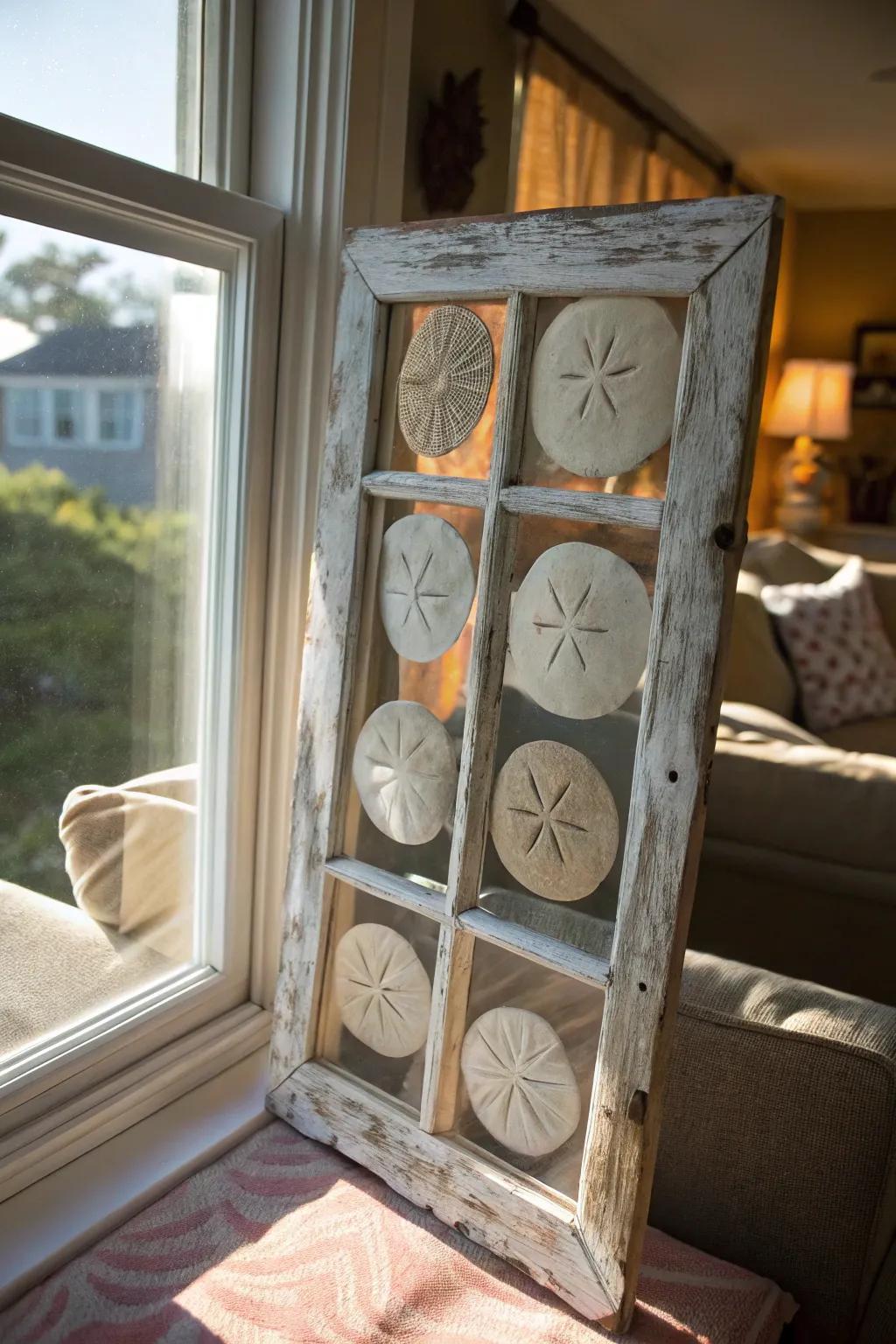 Repurpose a window frame for a charming sand dollar showcase.