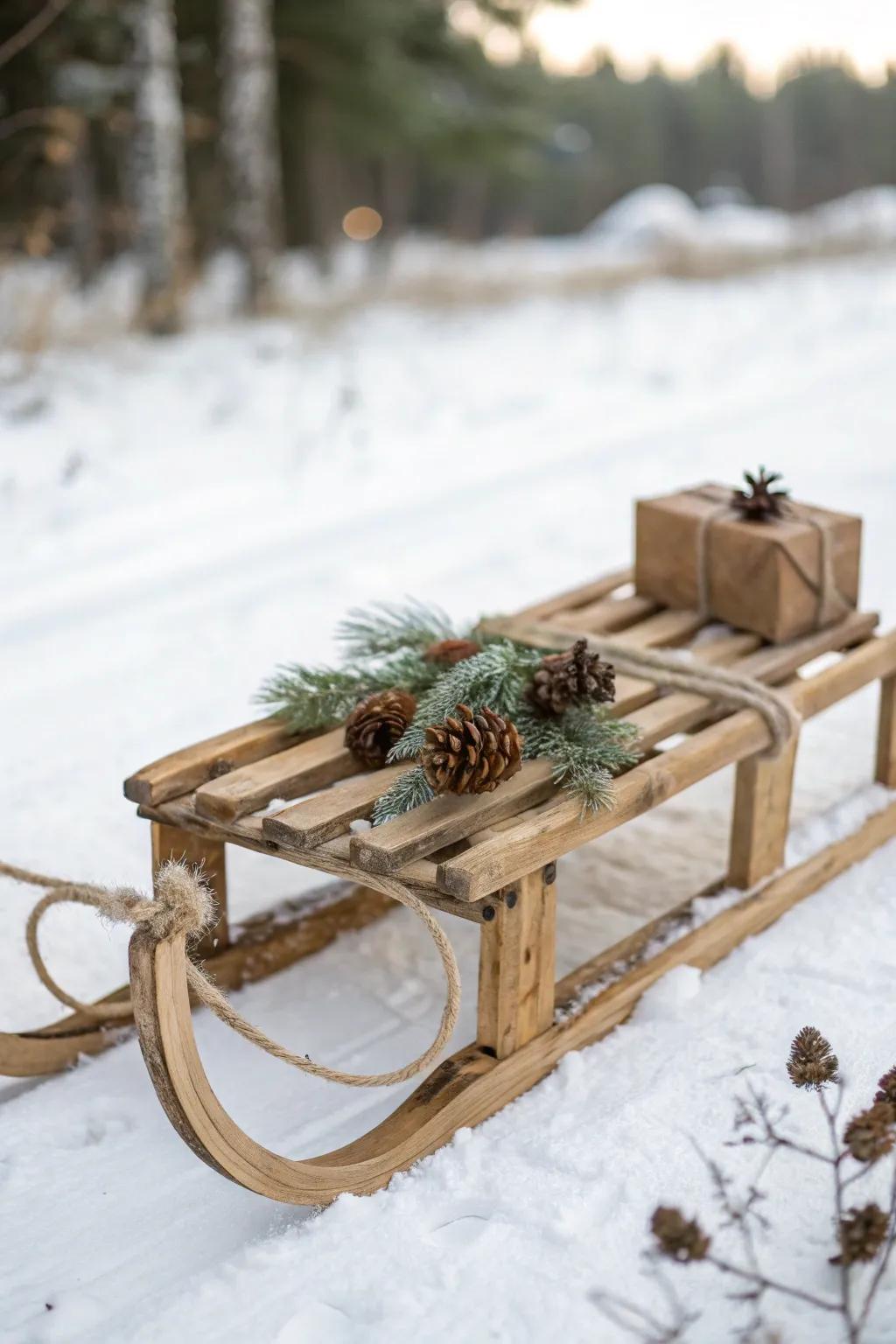 Embrace the art of rustic elegance with this handcrafted pallet wood sleigh, perfect for your winter wonderland decor.