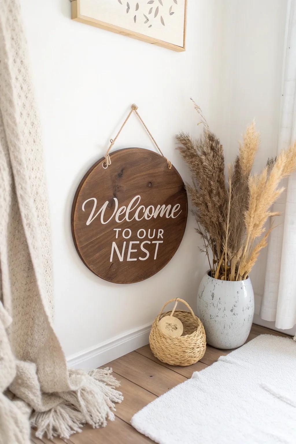 Step into serenity with our handcrafted welcome sign, perfect for a cozy, Scandinavian-inspired entryway.