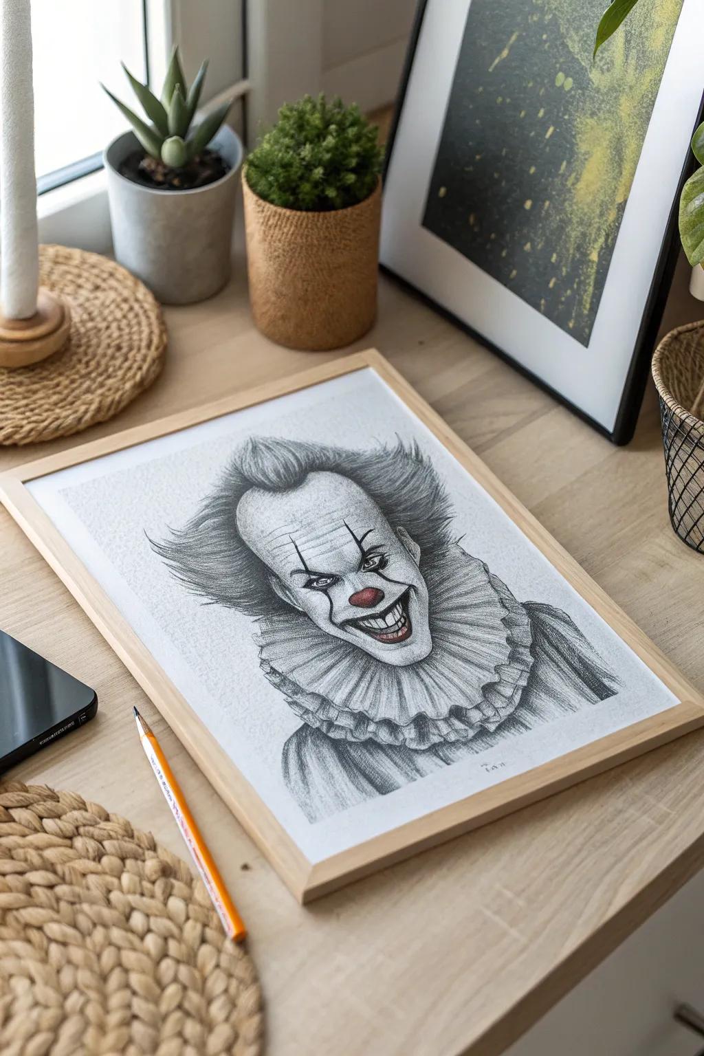 Delve into the eerie allure of minimalist art with this creepy clown masterpiece. Perfectly unsettling yet beautifully crafted.
