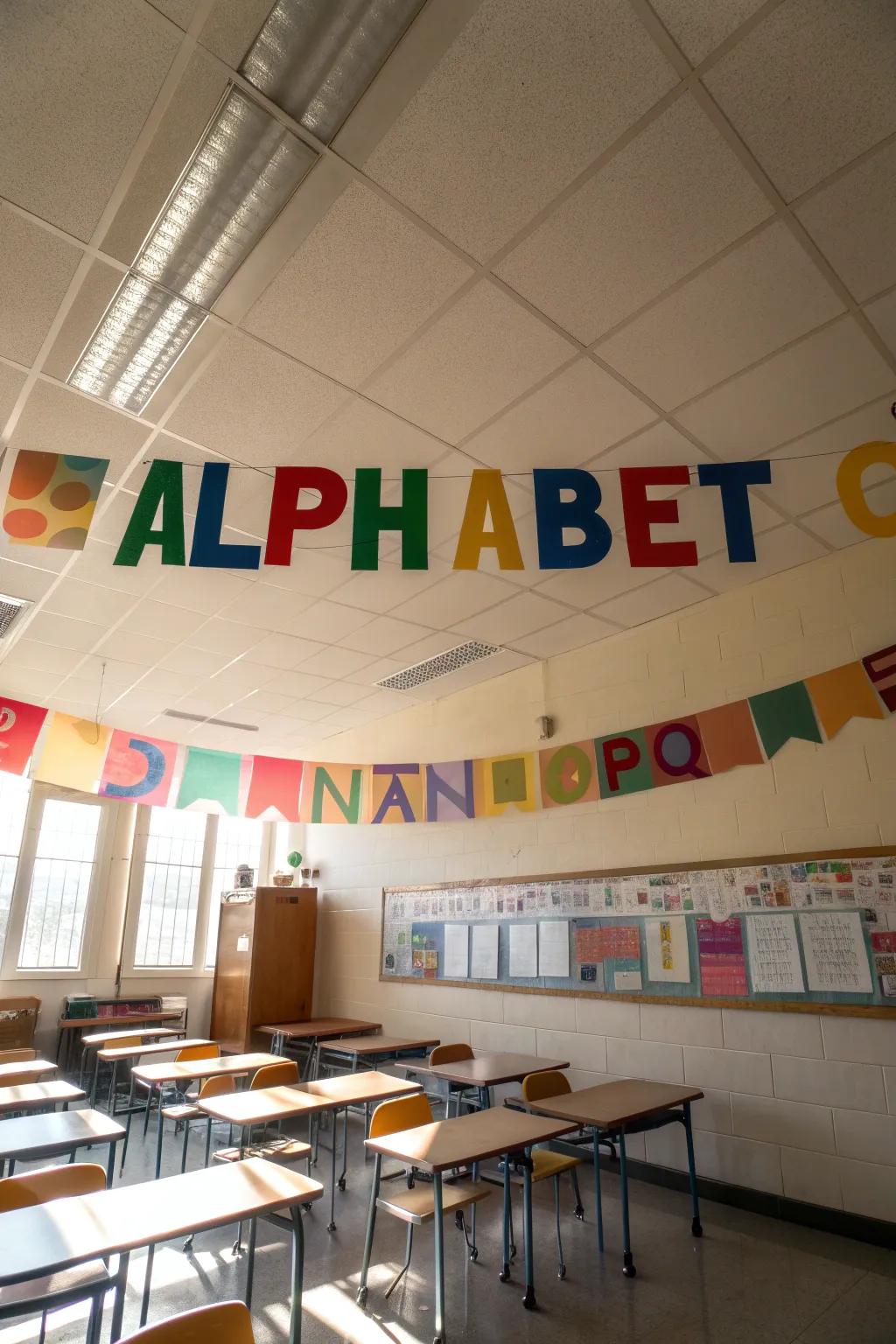 Alphabet bunting serves as both decor and a learning tool.