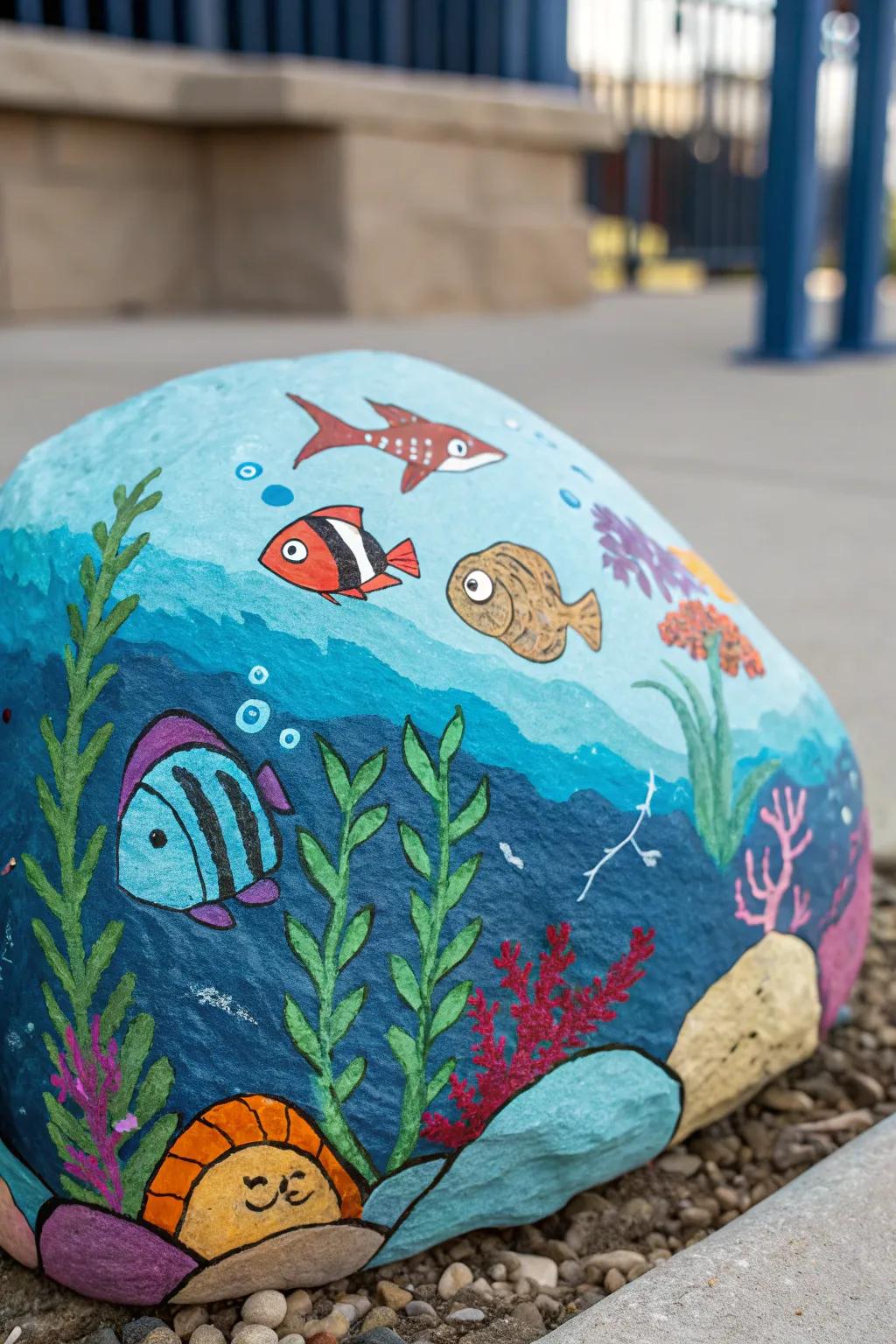 An enchanting under-the-sea rock painting with vibrant marine life.