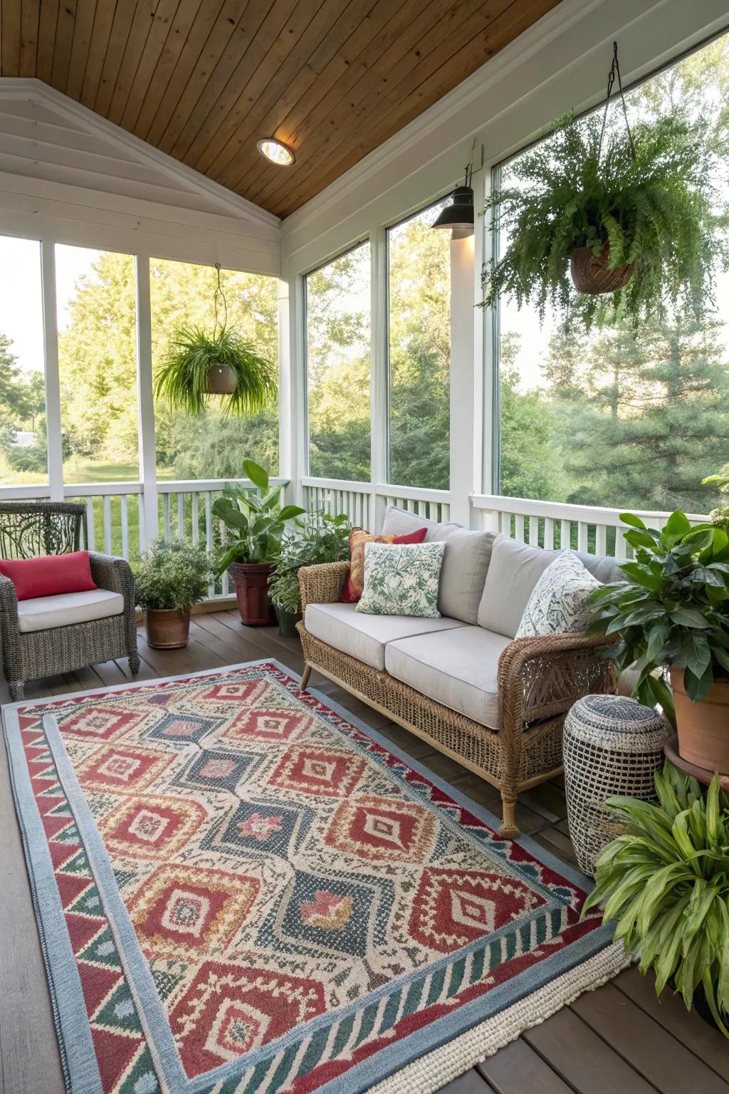 An outdoor rug adds warmth and defines the space.