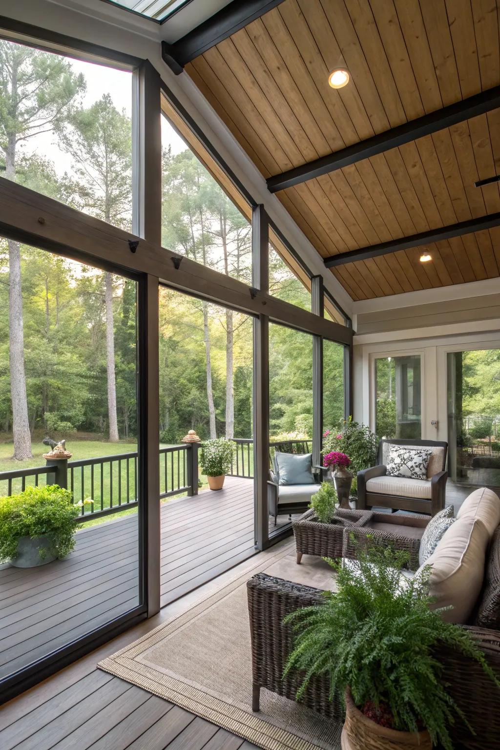 Indoor-outdoor living is perfectly captured in a screened porch with a shed roof.