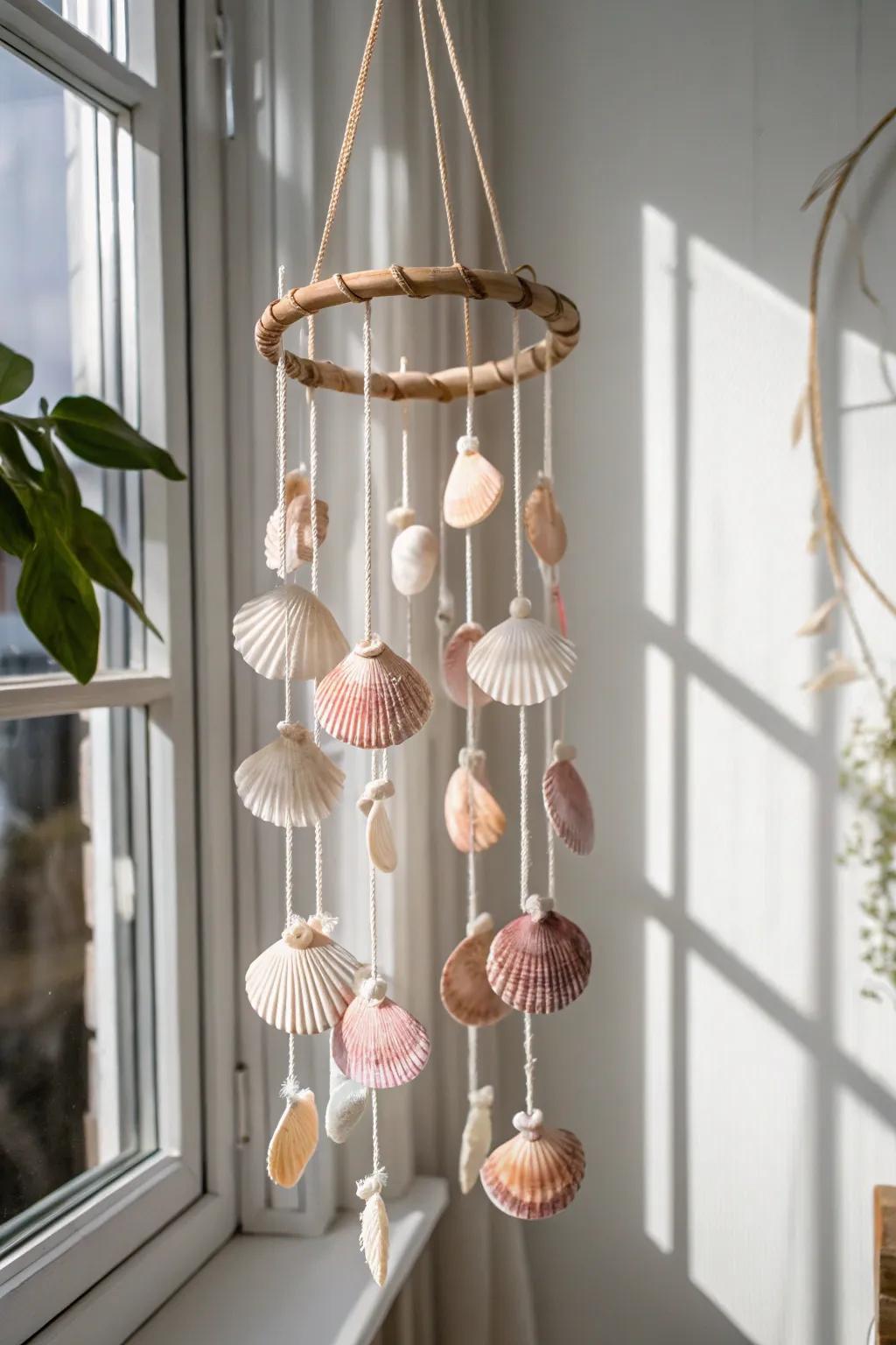 Transform your bathroom into a tranquil seaside retreat with this elegant seashell mobile.