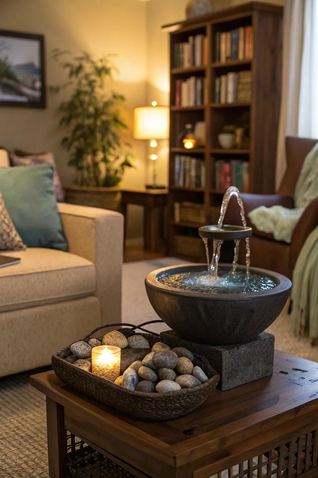 The soothing sounds of a water fountain can enhance relaxation.